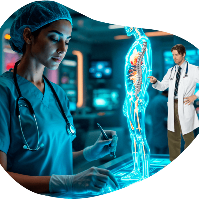 two-doctors-examining-a- human-skeleton-model